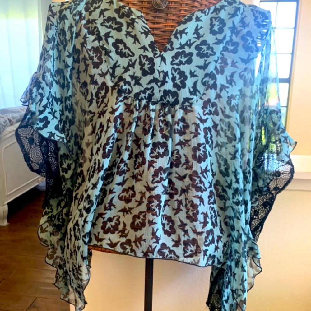 Anna Sui birdie blouse size P, color teal + black